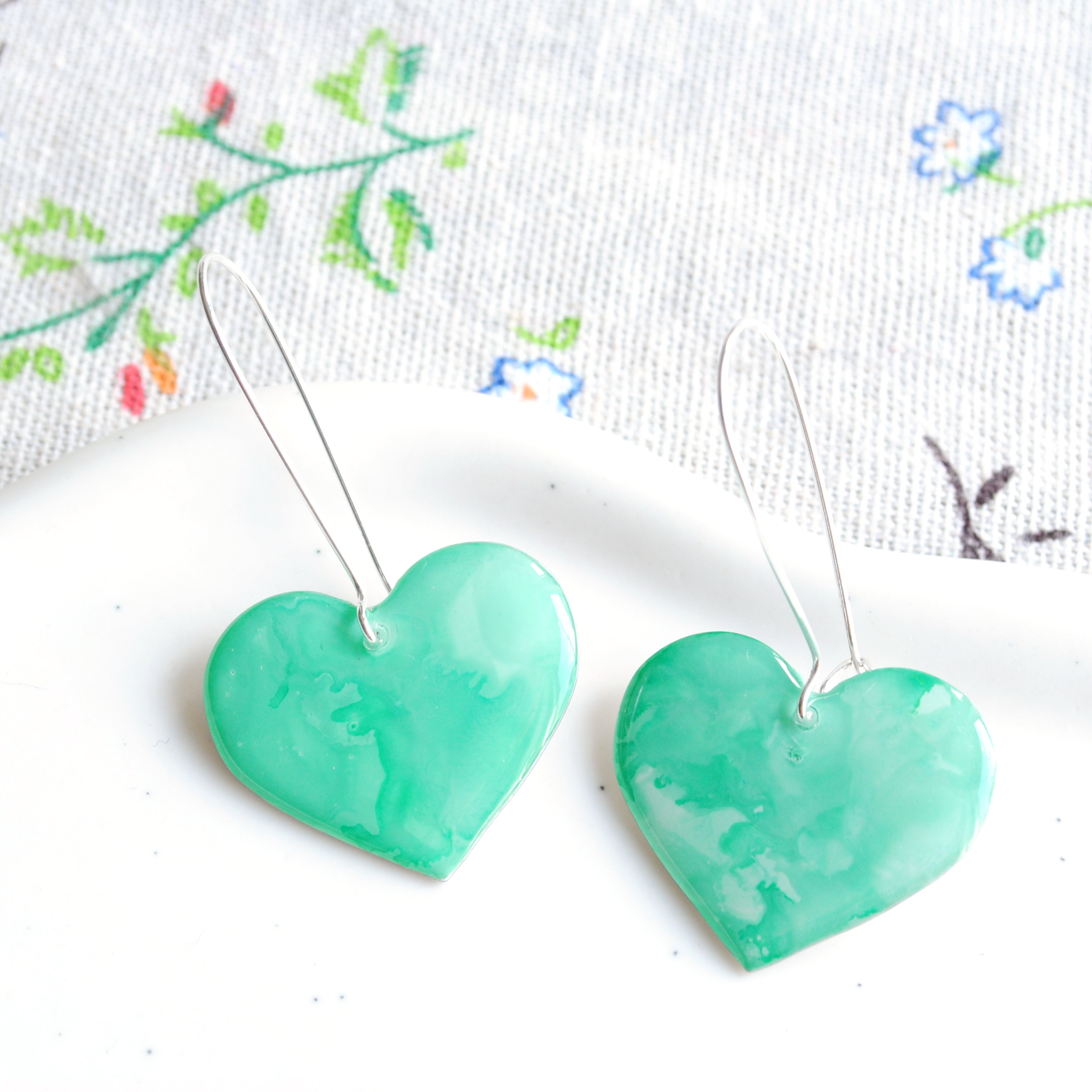 Minty Green Dangling Rosy Heart Earrings