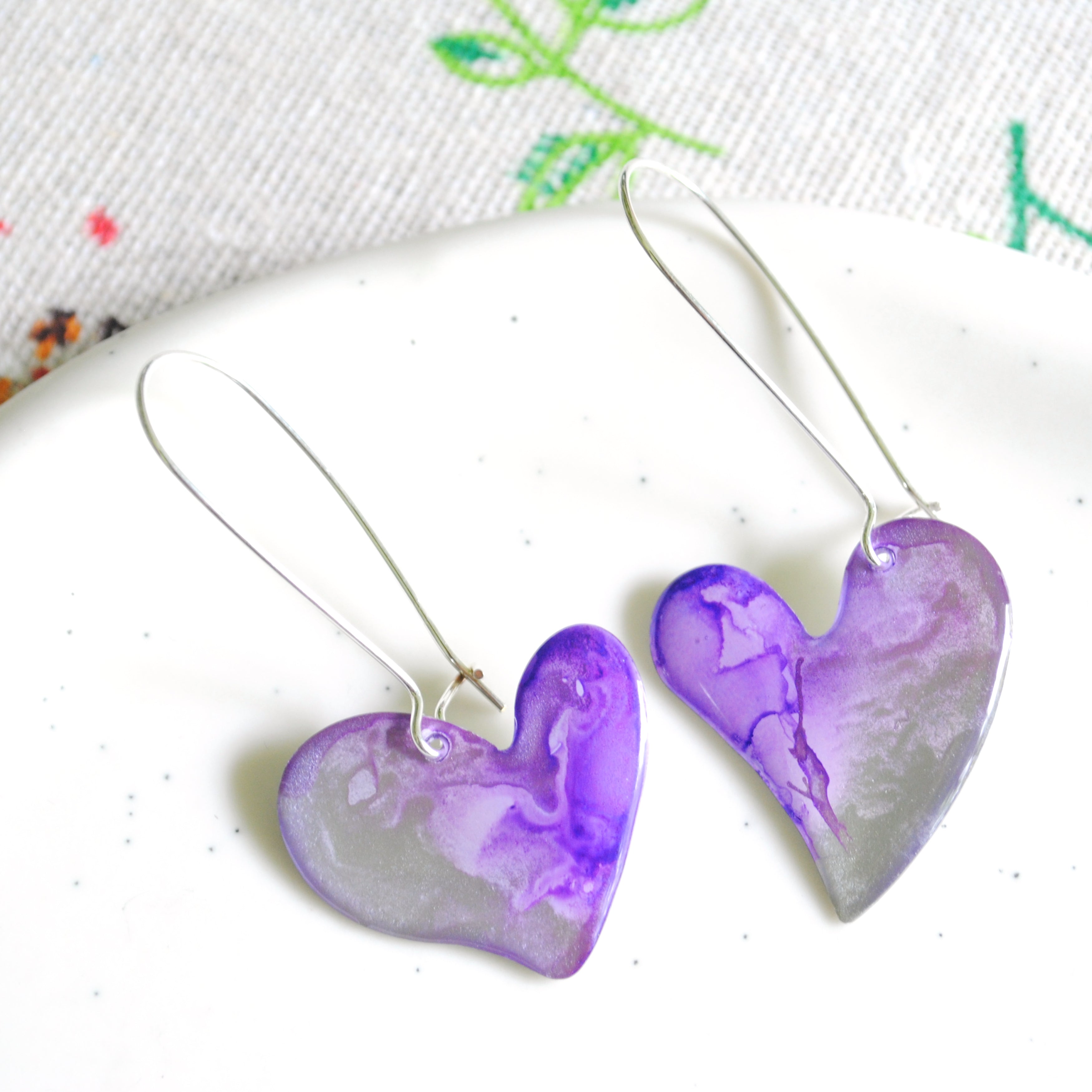 Funky Silver & Purple Bleeding Heart Earrings