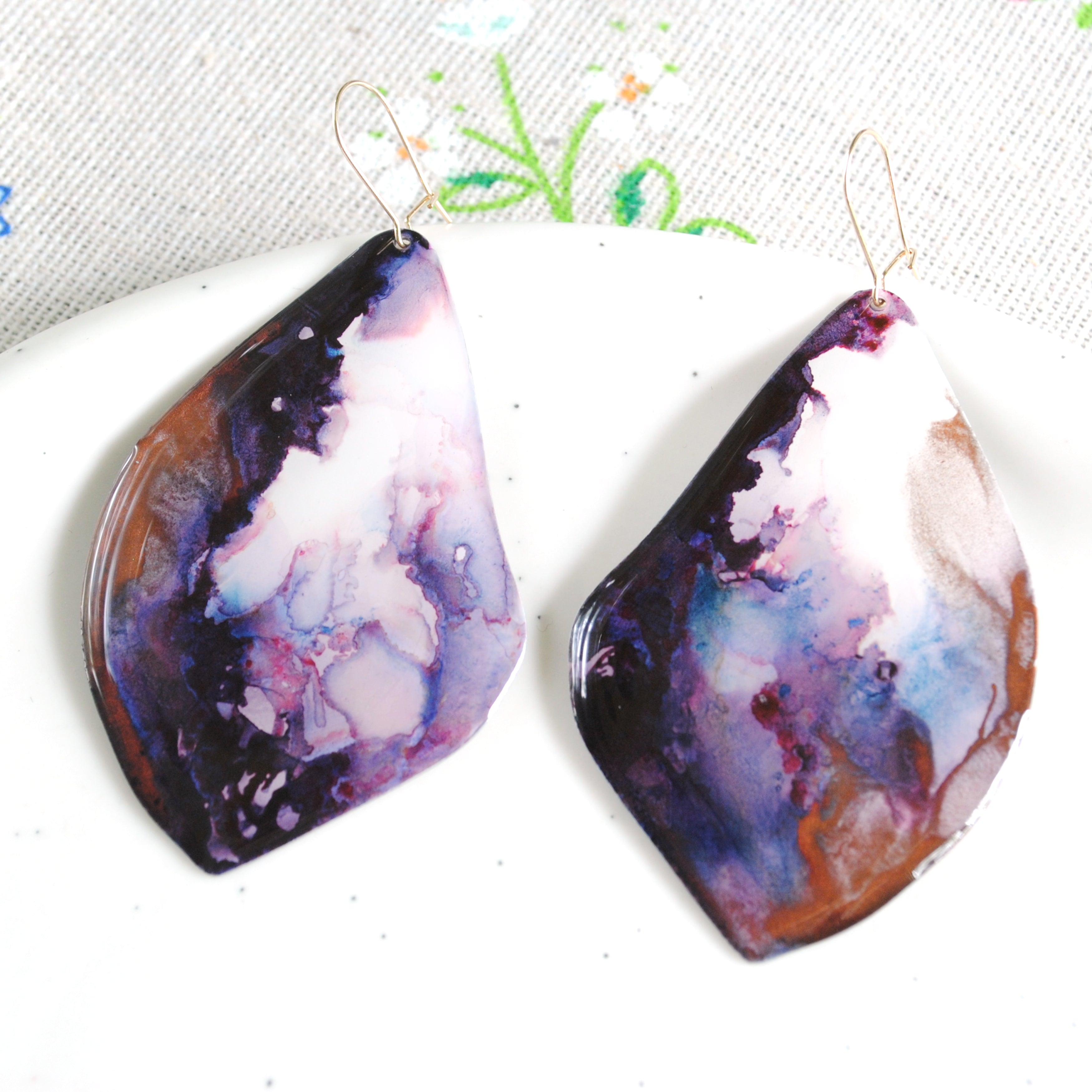 Whimsical Eggplant & Copper Maple Earrings